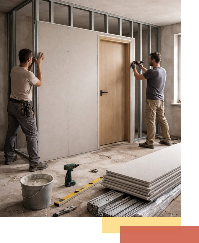 Перегородка из гипсокартона с дверью под ключ в Барнауле