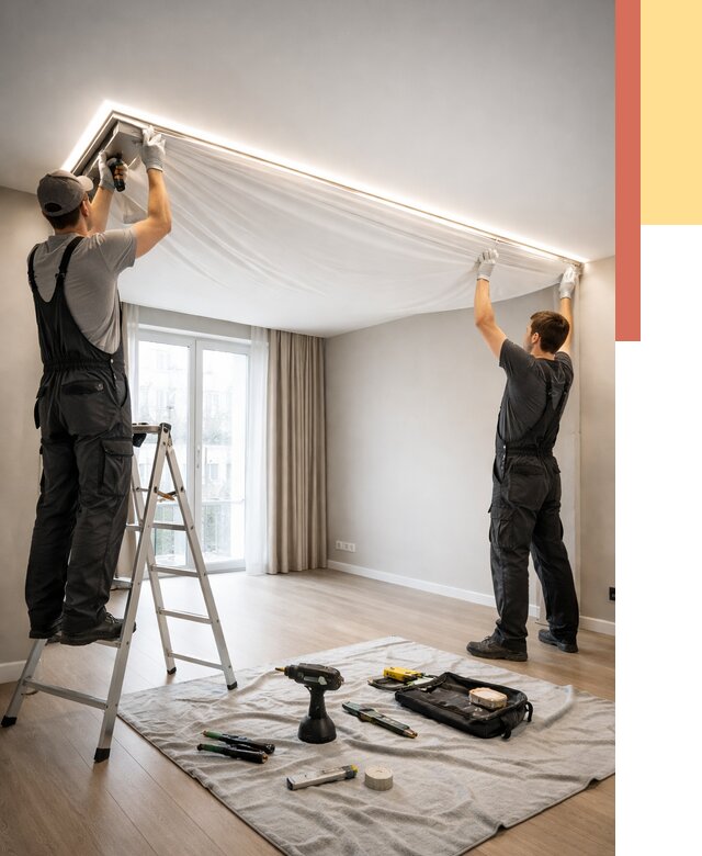 Монтаж парящего натяжного потолка в Барнауле от 4552 руб. быстро и недорого | ОТДЕЛОЧНИК-Брн