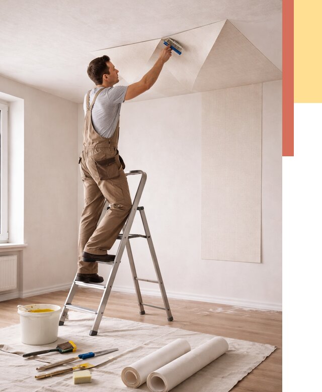 Поклейка обоев на потолок в Барнауле от 4552 руб. быстро и недорого | ОТДЕЛОЧНИК-Брн